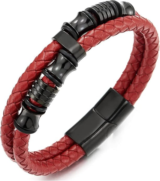 COOLSTEELANDBEYOND Mens Double-Row Braided Leather Bracelet Bangle Wristband with Stainless Steel Ornaments