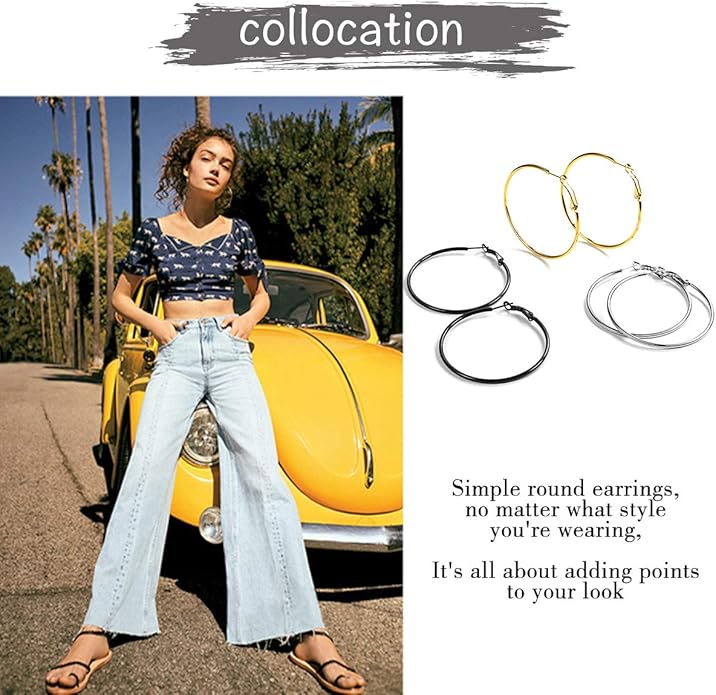 FOCALOOK 14K Gold Plated Lightweight Large Hoops| 2mm Thin Hoop Earrings for Women 30/40/50/70/100mm