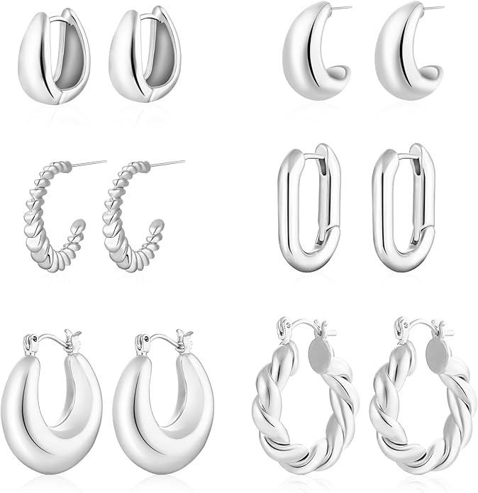 6 Pairs 14K Gold Plated Hoop Earrings for Women Trendy Chunky Lightweight Hoop Earrings Multipack Hypoallergenic, Thick Twisted Huggie Hoops Earring Set Jewelry for Gifts