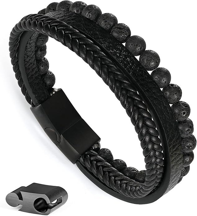 Gifts for Men - Layered Leather Beads Bracelet, Tiger Eye Lava Rock Stone Braided Leather Bracelets for Men Adjustable Magnetic Clasp Birthday Gifts