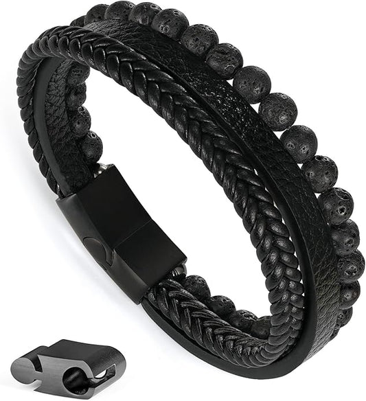 Gifts for Men - Layered Leather Beads Bracelet, Tiger Eye Lava Rock Stone Braided Leather Bracelets for Men Adjustable Magnetic Clasp Birthday Gifts