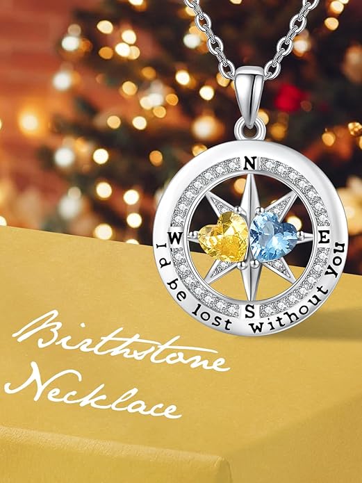 Compass Birthstones Necklace for Women, Exquisite Anniversary Birthday Gifts for Wife Her Double Birthstone Pendant jewelry ‘I'd be Lost Without You’