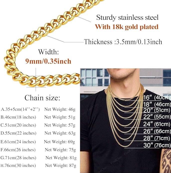 FindChic Men Curb Chain Necklace 18K Gold Plated/Stainless Steel/Black Chunky Double Tight Cuban Link Hip Hop Neck Chains for Men Boys 3.5MM/5MM/6MM/7MM/9MM/12MM 14''-30'' 8 Length Options (Send Gift Box)