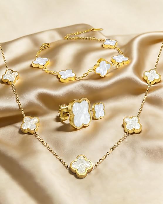 Aimétte Monette 18K Gold Plated Jewelry Set Clover Necklace Stud Earrings for Women Hypoallergenic Lucky Clover Pendant Necklace Gold Bracelets for Women Gifts