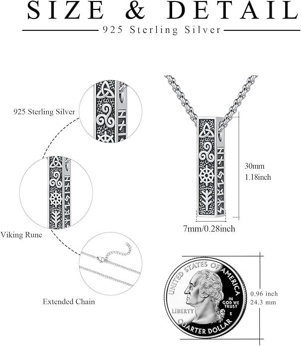YueYuan Viking Necklace for Men 925 Sterling Silver Rune Amulet Pendant Nordic Necklace Viking Jewelry Gift for Father Husband Son