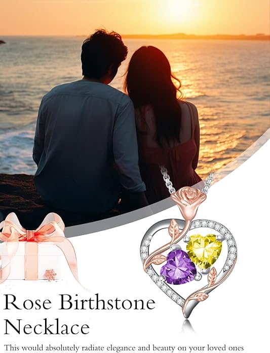Christmas Gifts for Women Rose Heart Birthstone Pendant Necklace I Love You Forever Jewelry Valentine Mothers Day Birthday Gifts for Women Her Wife Girlfriend