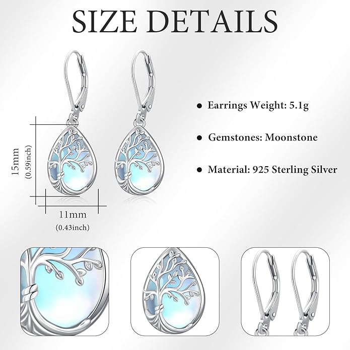 Tree of life Dangle Earrings Sterling Silver Moonstone/Turquoise/Malachite Earrings for Women Filigree Leverback Earrings Jewelry Gifts
