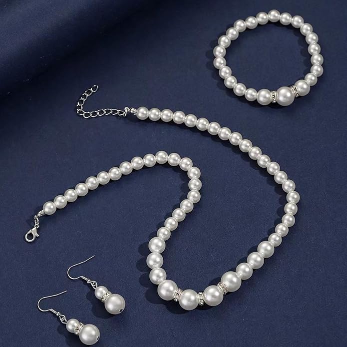 la luen Pearl Bride Wedding Jewelry Set Faux Pearls Crystal Rhinestone Necklace Earrings Bracelet Sets for Women Bridesmaid(3 PCS)