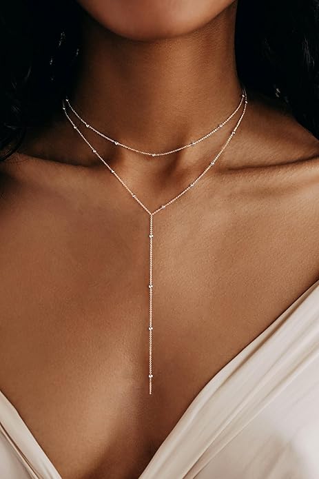 Foxgirl Lariat Gold Necklace for Women, Dainty Long Necklace 14k Gold Plated/Silver Y-Shaped Pendant Necklace Trendy Layered Cz Beaded Chain Drop Necklaces Simple Gold Jewelry For Women Gift