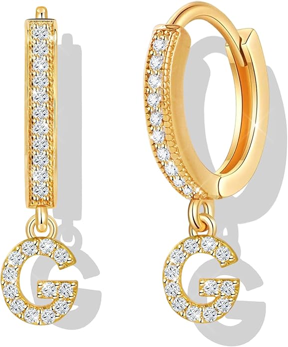 18K Gold Filled Initial Dangle Hoop Earrings for Women, 1 Pair CZ Hypoallergenic Alphabet Letter A-Z Drop Dangle Dainty Gold Earrings, Small Huggie Hoop Earrings with Cubic Zirconia Gifts Jewelry