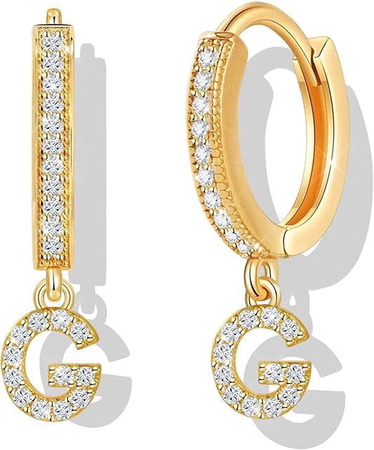 18K Gold Filled Initial Dangle Hoop Earrings for Women, 1 Pair CZ Hypoallergenic Alphabet Letter A-Z Drop Dangle Dainty Gold Earrings, Small Huggie Hoop Earrings with Cubic Zirconia Gifts Jewelry