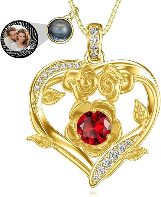 Midari 18K Gold Heart Birthstone Necklace for Women Rose Pendant Birthday Jewelry Gifts for Wife Her Daughter Mom