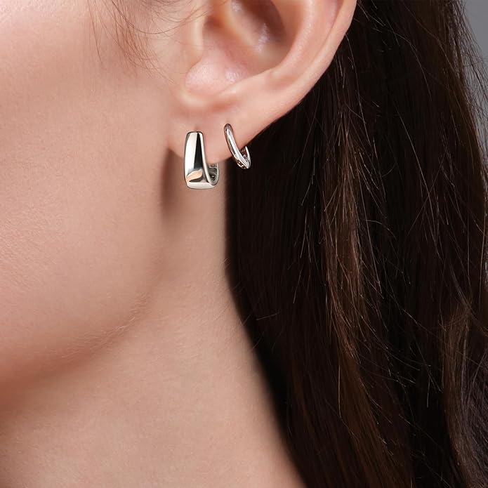 925 Sterling Silver Earrings Small Chunky Silver Earrings for Women 14K Gold Plated Small Hoop Earrings Silver Hypoallergenic Earrings Small Thick Huggie Hoops Earrings