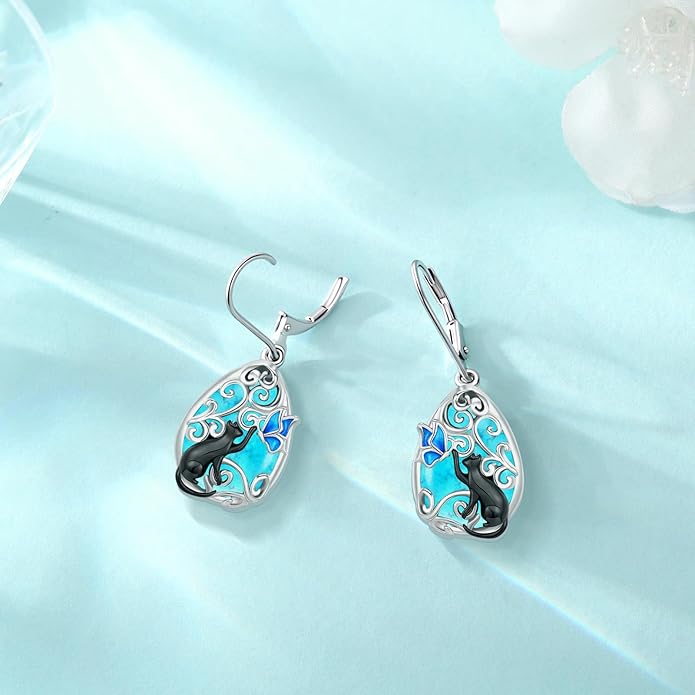 Eusense Sterling Silver Dangle Earrings for Women Tree of Life Animals Moonstone Turquoise Leverback Earrings Jewelry Gifts
