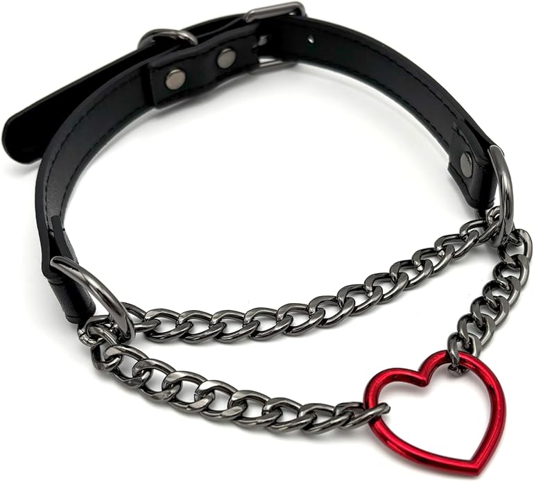 Black Leather Choker Collar For Women, Handmade Heart Slip Chain Choker Long Necklace with Adjustable Buckle