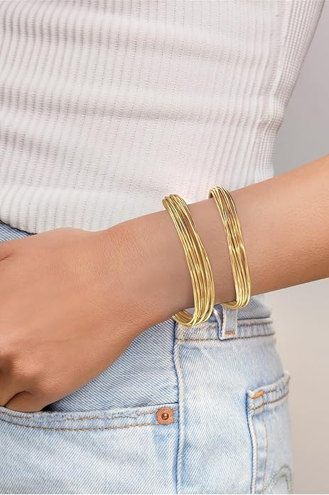 Gold Cuff Bracelet for Women Chunky Multi-layer Cross Wire Open Bracelet Hollow Wide Cuff Bracelets Adjustable Gold Open Cuff Bangle Bracelet
