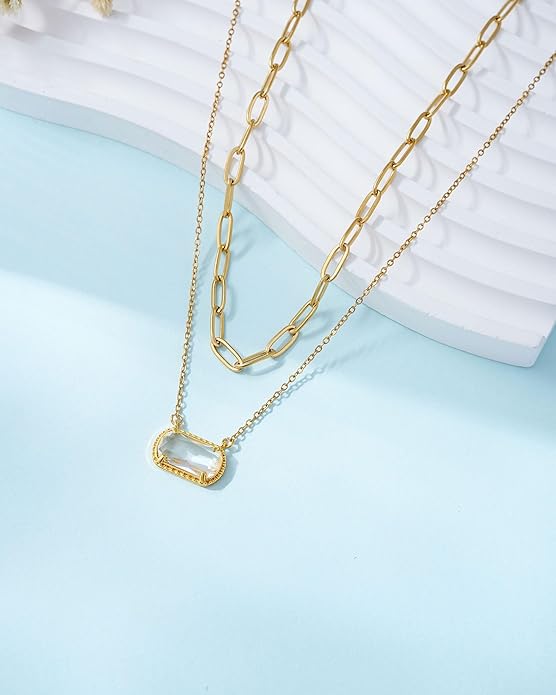 Lourny Gemstone Birthstone Pendant Layered Necklace for Women Trendy, 18K Gold Plated Paperclip Chain Preppy Choker Charm Necklace for Women Wife Jewelry
