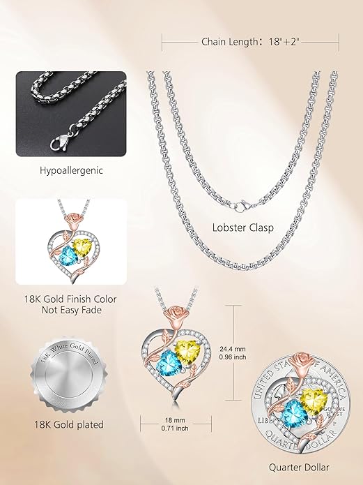 Christmas Gifts for Women Rose Heart Birthstone Pendant Necklace I Love You Forever Jewelry Valentine Mothers Day Birthday Gifts for Women Her Wife Girlfriend