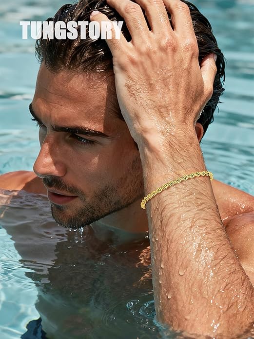 Men's 18K Gold Filled Bracelet - 8 Inch Rope Chain Bracelet with Easy-On Bayonet Clasp, Jewelry Box Included, Anniversary Birthday Gift for Men - Hypoallergenic Non-Tarnish, 4mm, Hip-Hop Accessory