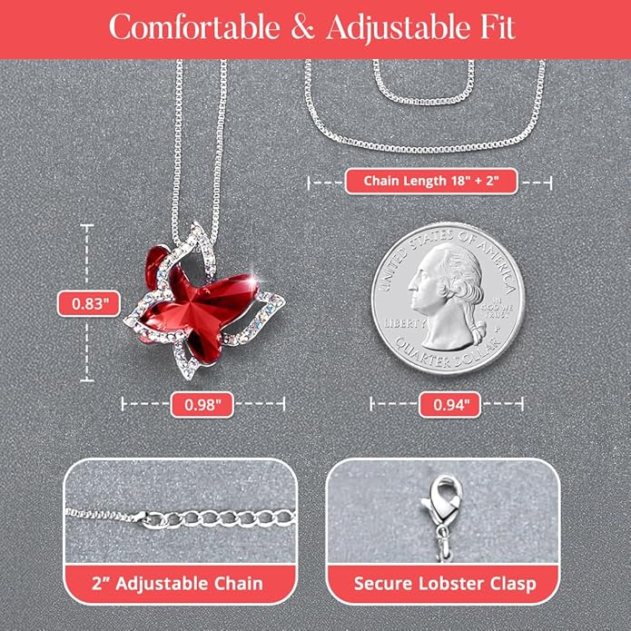 Gift Butterfly Birthstone Crystal Necklace, Silver Tone with 18”+2” Chain, Necklace for Mother’s Day Anniversary Birthday Gifts for Women and Daughter