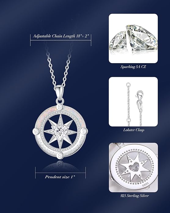 FANCIME Compass Necklace for Women Sterling Silver Compass Jewelry Opal Pendant Fine Jewelry Gemstone Birthday Mother's Day Gifts for Wife