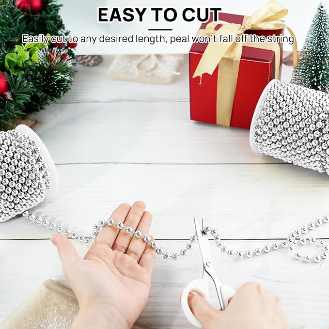 49 Feet Christmas Tree Beads Garland, 8mm Artificial Red Beaded Garland for Christmas Tree DIY, Faux Pearl Strings Bead Roll for Wreath, Wedding Party, Decoration