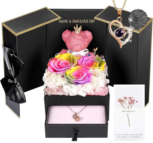 ADDWel Rose Gifts for Women - Preserved Real Roses Forever Rainbow Flowers with I Love You in 100 Languages Necklace and Cute Moss Bear for Girlfriend Wife Mom Grandma on Birthdays, Anniversaries