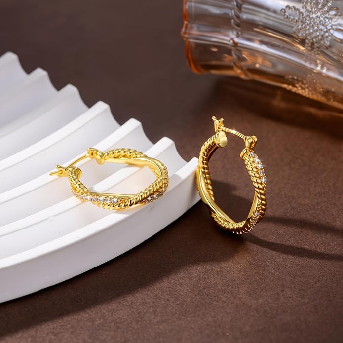 14K Gold Earring for Women Twisted Hoop Earrings Hypoallergenic Lightweight Trendy Gold Earring Jewelry Gift 25mm
