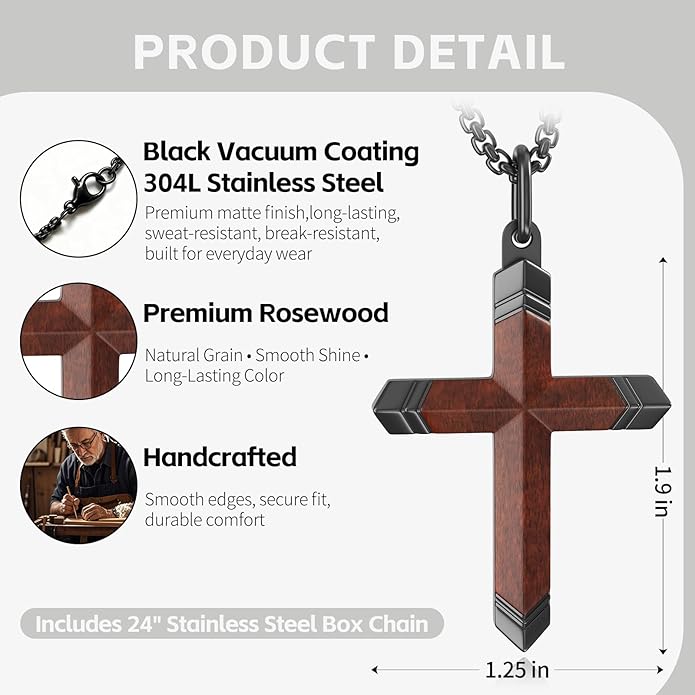 OOTDSE Wooden Cross Necklace for Men and Women 304L Stainless Steel Durable Snag-Free Box Chain with Reinforced Clasp Christian Gift for Dad/Son/Husband/Loves/Friends on Easter/Birthday/Father's Day