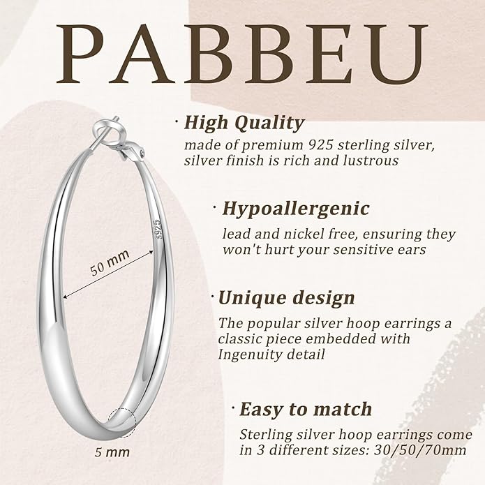 PABBEU S925 SterlingSilver Hoop Earrings Hypoallergenic Silver Hoop Earrings for Women Lightweight Large Sterling Silver Hoops Earring 30/50/70mm