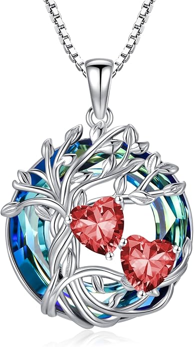 TOUPOP s925 Sterling Silver Family Celtic Tree of Life Pendant Necklaces with 2 Heart Birthstone with Blue Austrian Crystal Jewelry Birthday Anniversary Christmas Gifts for Her Wife Girlfriend Mom (18K Real White Gold Filled)