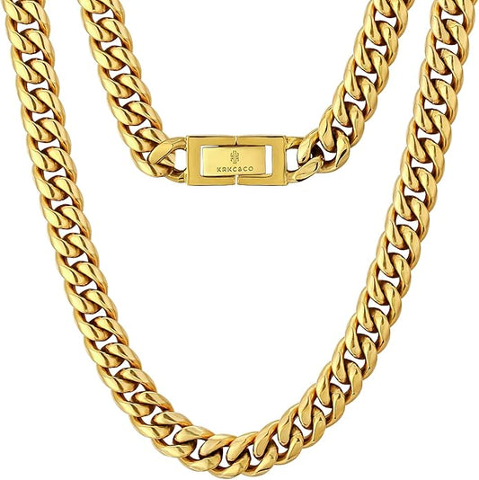 KRKC&CO Cuban Link Chain for Men 8/10/12/14mm, Brithday Gift for Men, 18k Gold Miami Necklace, Durable, Anti-Allergies Hip Hop Jewelry for Mens