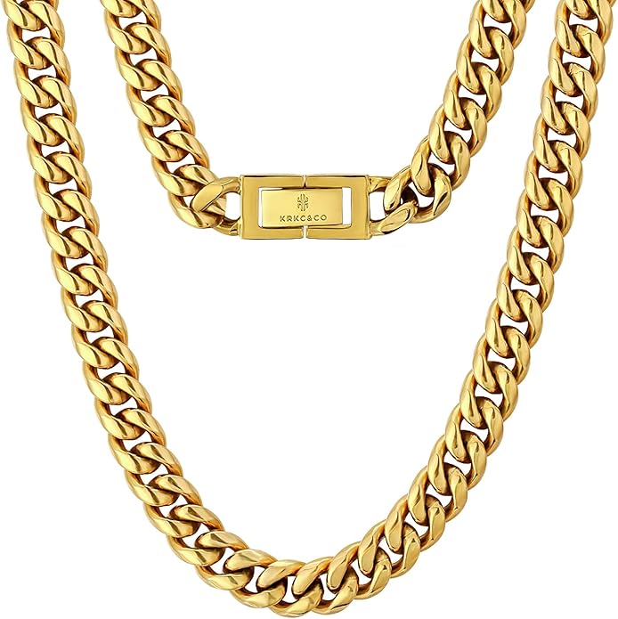 KRKC&CO Cuban Link Chain for Men 8/10/12/14mm, Brithday Gift for Men, 18k Gold Miami Necklace, Durable, Anti-Allergies Hip Hop Jewelry for Mens