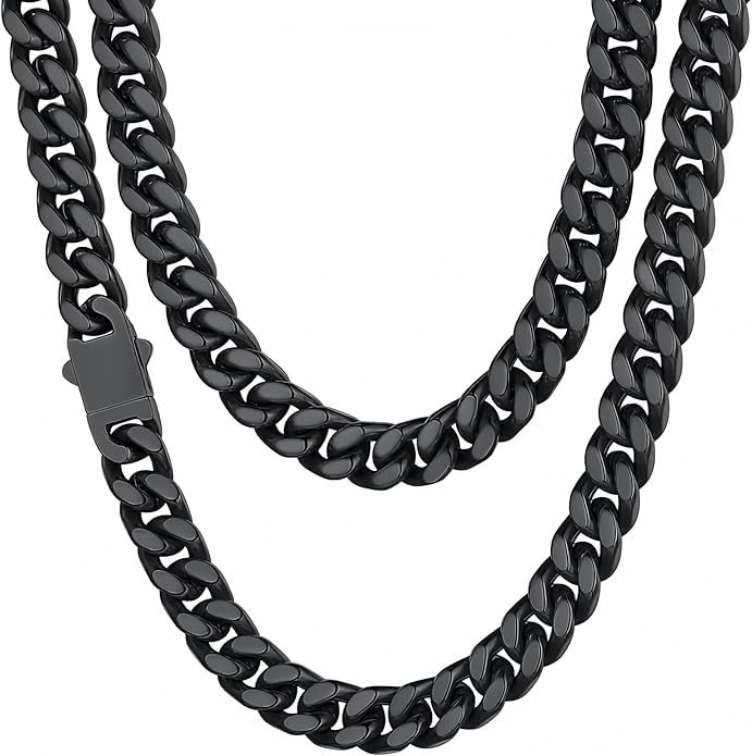 ChainsHouse Stainless Steel Mens Cuban Link Chain, Black/ 18K Gold Plated Miami Cuban Chain Necklace, 5mm/7mm/9mm/12mm/14mm Width, No Tarnish& Durable Hip Hop Mens Jewelry, 18"-30", Send Gift Box