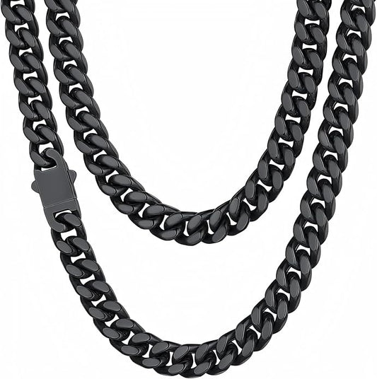 ChainsHouse Stainless Steel Mens Cuban Link Chain, Black/ 18K Gold Plated Miami Cuban Chain Necklace, 5mm/7mm/9mm/12mm/14mm Width, No Tarnish& Durable Hip Hop Mens Jewelry, 18"-30", Send Gift Box