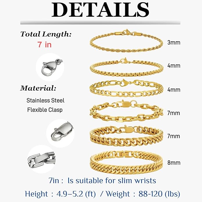 XIANNVXI 6pcs Stainless Steel Bracelets for Men Women Silver/Gold/Black Cuban Link Rope Paperclip Chain Bracelets Set 6.5/7/7.5/8.3/9 Inches Metal Bracelet Mens Fashion Accessories Jewelry Set