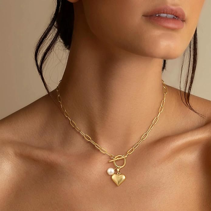 Tewiky Cute Heart Necklace Tiny 14k Gold Heart Pendant Choker Necklaces Small Gold Love Open Heart Chain Necklace for Women Dainty Gold Necklace Gifts for Her