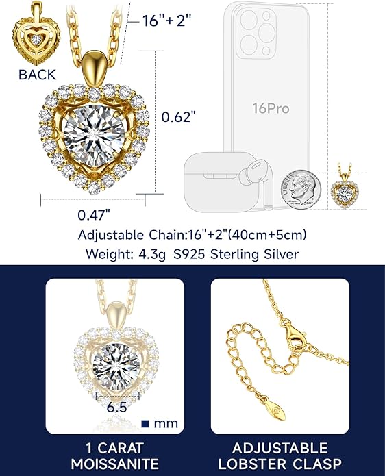 MomentWish Dancing Heart Necklace for Women, 0.5/1 Carat Dancing Moissanite Necklace for Her 925 Sterling Silver Pendant Anniversary Birthday Christmas Gift for Wife Mom Girlfriend