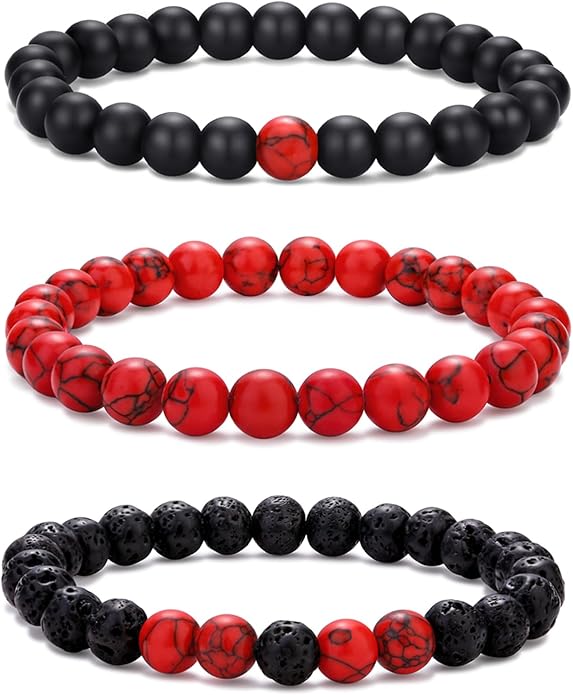 RANKEEF Mens Bead Bracelet Set - Adjustable Elastic Rope With 6&8MM Natural Stone Multi-Colored Beads - Tiger Eye Bracelets for Men - Gift
