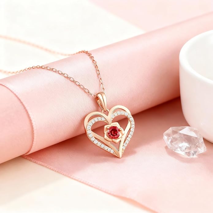 Birthstone Pendant Necklace for Women, Heart Jewelry with Rose Flower Birthday Gift Idea for Wife Girlfriend Mom Friendship on Valentine‘s Day Anniversary Christmas Wedding, 925 Sterling Silver