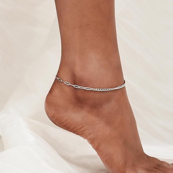 CHIC & ARTSY 925 Sterling Silver Ankle Bracelet Multilayer Anklets for Women Satellite, Star, Cross, Circle, Butterfly, Teardrop, Oval Disk Layered Anklet Beach Jewelry