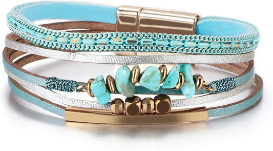 Fesciory Leather Wrap Bracelets for Women, Boho Leopard Multi-Layer Crystal Beads Cuff Bracelet Jewelry