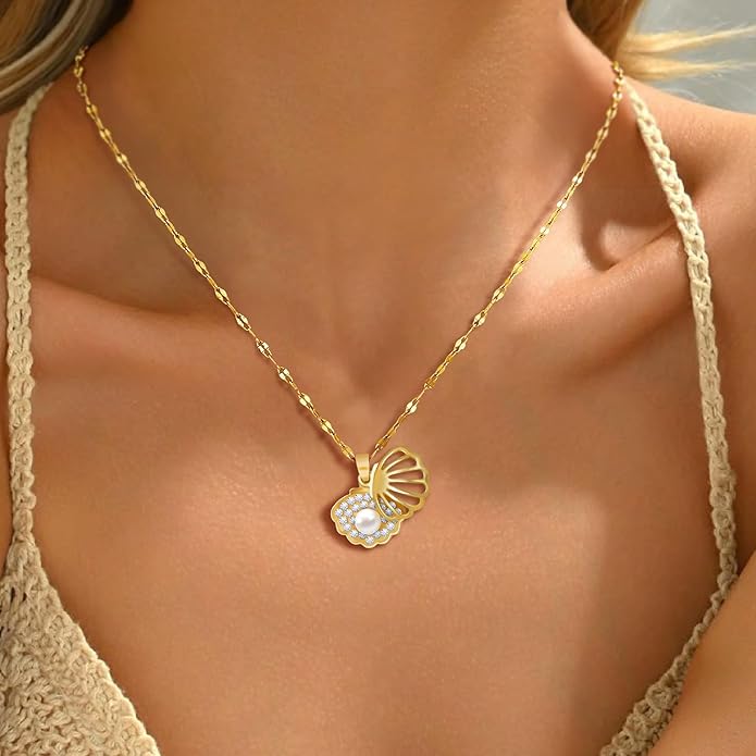 Shell Necklace for Women,14k Gold Plated Layered Starfish Conch SeaShell Pearl Pendant Charm Necklace,Non Tarnish Adjustable Stainless Steel Chain Stack Jewerly for Summer Beach Vacation