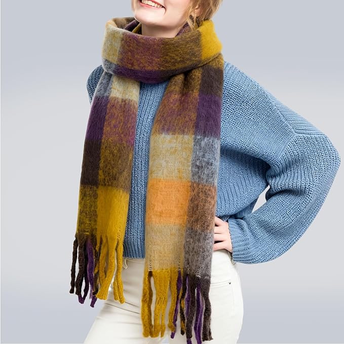 SHOHOKU Large Chunky Plaid Scarf Coloured Checked Oversized Scarf Tassel Soft Fall Winter Thick Warm Shawl Women