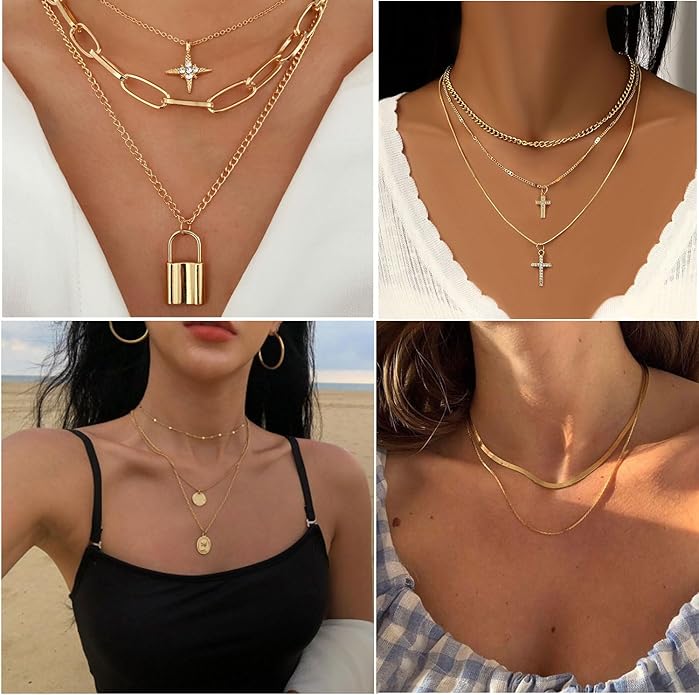 73 Pcs Gold Jewelry Set with 6Pcs Layered Necklace, 11 Pcs anklet and 7Pcs Earring Ear Cuff,12Hoop Earrings ,15pcs Rings,21pcs stud earrings Jewerly set for Women Pack for Friendship Party Gift