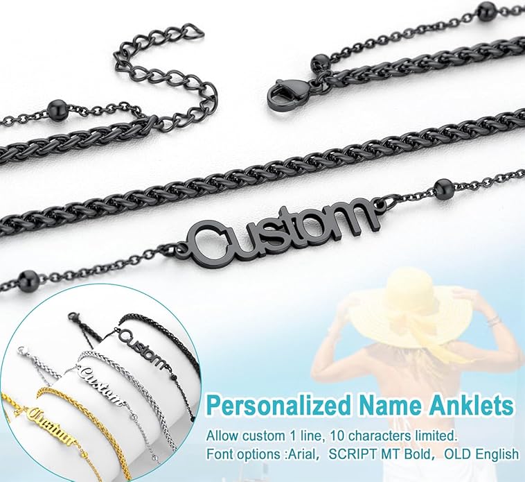 U7 Custom Layered Ankle Bracelets for Women Stainless Steel Bead/Cuban/Figaro/Rope/Wheat Chain Anklet Waterproof Anklet Jewelry for Beach Vacation