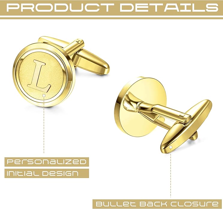 LOYALLOOK Initial Gold Cufflinks for Men Gold Cuff Links Personalized Copper CuffLinks Letter Cufflinks Gift for Groom Husband Father