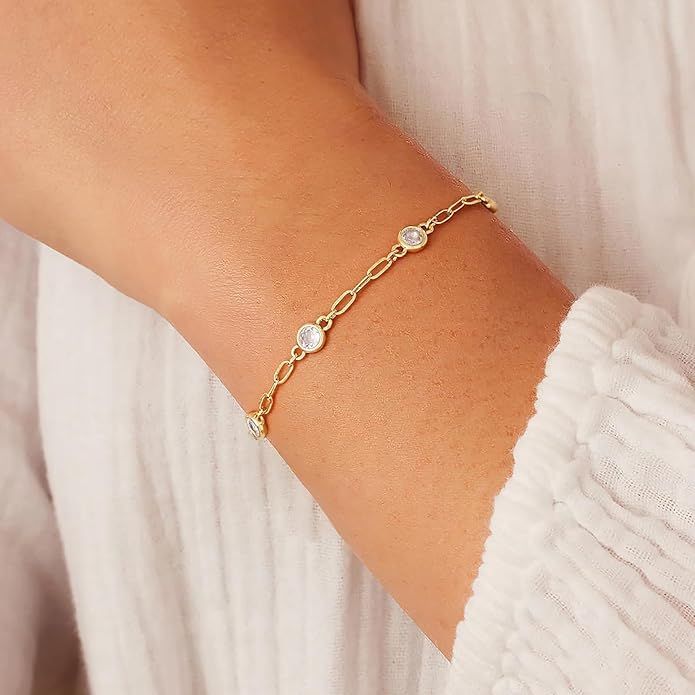 Gold Bracelets for Women,14K Dainty Gold Plated Bracelets Non Tarnish Waterproof Diamond Bracelets Heart Flower Round Square CZ Charm Bracelet Trendy Stuff Jewelry Gifts for Her