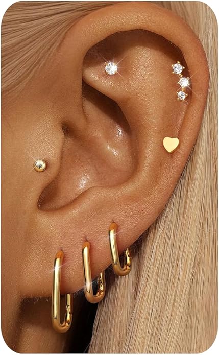 Hypoallergenic 14K Gold Plated Hoop Stud Earrings for Women Surgical Stainless Steel Flat Back Earrings Lightweight Small Chunky Huggie Hoops Cartilage Earring Stacks for Multiple Piercing Women Gifts