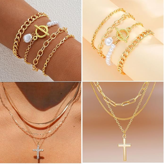CONGYING 120PCS Gold Jewelry Sets For Women, With 7 Necklace,12 Bracelet,30pcs Hoop Earring,59pcs stud earrings and 12pcs cuff Ear Earrings Friendship for Happy Gifts